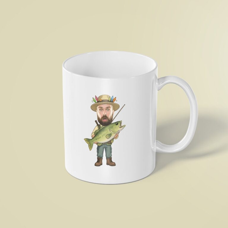 Custom Angler Holding a Trophy Fish Face Cutout – Mug Custom Angler Holding a Trophy Fish Face Cutout shown on a mug mockup