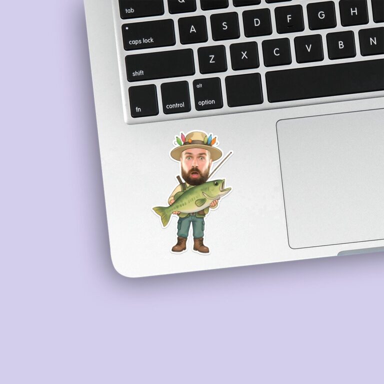 Custom Angler Holding a Trophy Fish Face Cutout – Sticker Custom Angler Holding a Trophy Fish Face Cutout shown on a sticker mockup