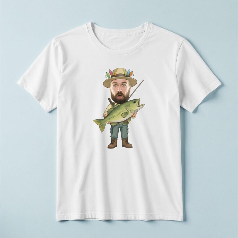 Custom Angler Holding a Trophy Fish Face Cutout – T-shirt Custom Angler Holding a Trophy Fish Face Cutout shown on a T-shirt mockup