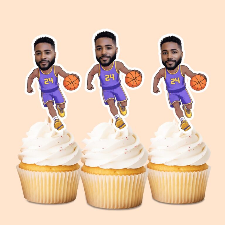 Custom Purple Number 24 Basketball Dribbler Face Cutout – Cupcake Topper Custom Purple Number 24 Basketball Dribbler Face Cutout shown on a cupcake topper mockup