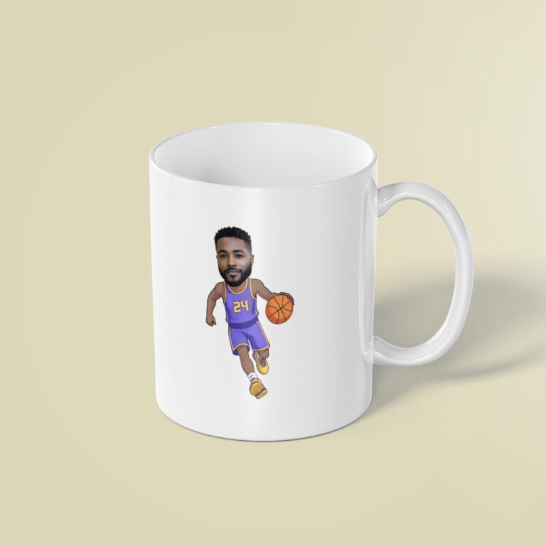 Custom Purple Number 24 Basketball Dribbler Face Cutout – Mug Custom Purple Number 24 Basketball Dribbler Face Cutout shown on a mug mockup