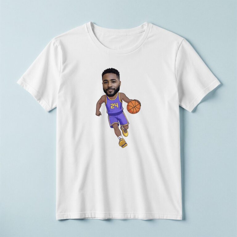 Custom Purple Number 24 Basketball Dribbler Face Cutout – T-shirt Custom Purple Number 24 Basketball Dribbler Face Cutout shown on a T-shirt mockup