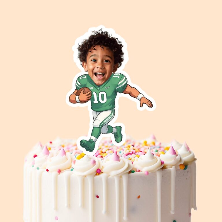 Custom Green Number 10 Football Runner Face Cutout – Cake Topper Custom Green Number 10 Football Runner Face Cutout shown on a cake topper mockup