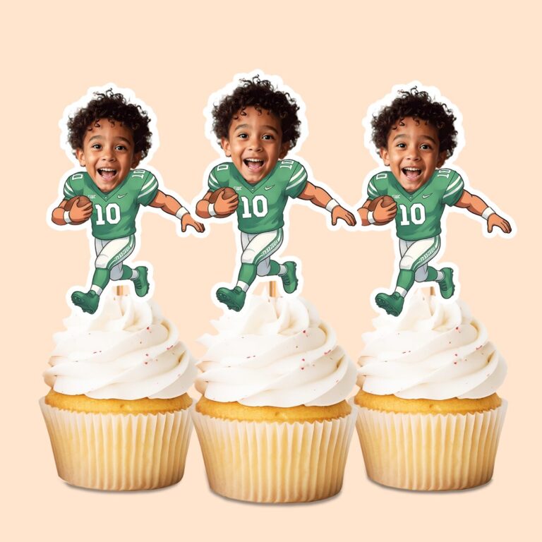Custom Green Number 10 Football Runner Face Cutout – Cupcake Topper Custom Green Number 10 Football Runner Face Cutout shown on a cupcake topper mockup