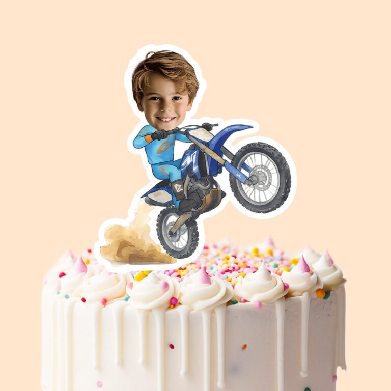 Custom Motocross Rider Doing a Wheelie Face Cutout – Cake Topper Custom Motocross Rider Doing a Wheelie Face Cutout shown on a cake topper mockup