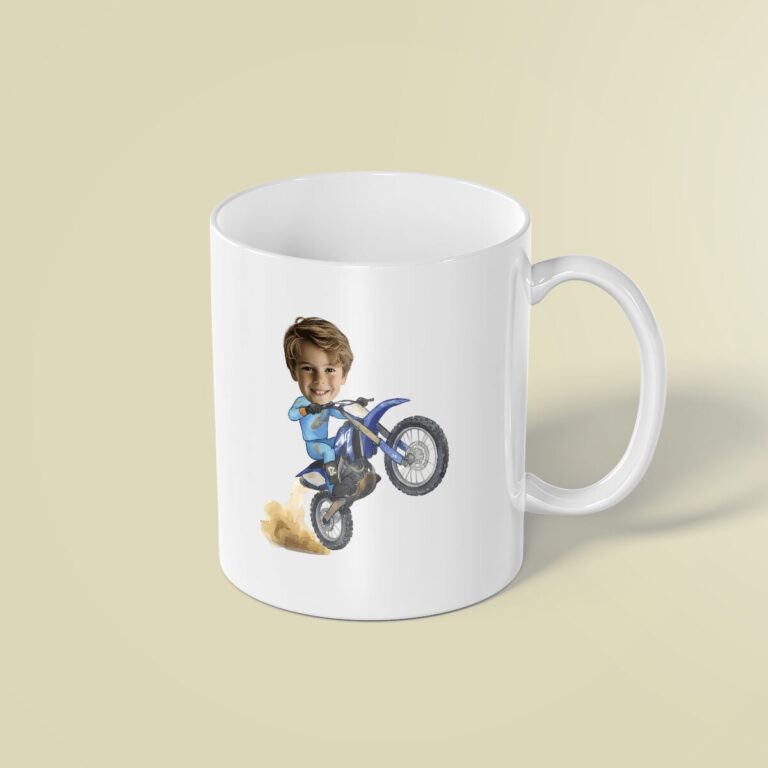 Custom Motocross Rider Doing a Wheelie Face Cutout – Mug Custom Motocross Rider Doing a Wheelie Face Cutout shown on a mug mockup