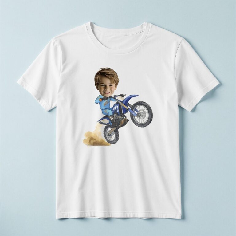 Custom Motocross Rider Doing a Wheelie Face Cutout – T-shirt Custom Motocross Rider Doing a Wheelie Face Cutout shown on a T-shirt mockup