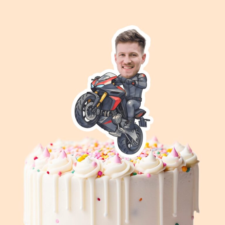 Custom Sport Motorcycle Stunt Rider Face Cutout – Cake Topper Custom Sport Motorcycle Stunt Rider Face Cutout shown on a cake topper mockup
