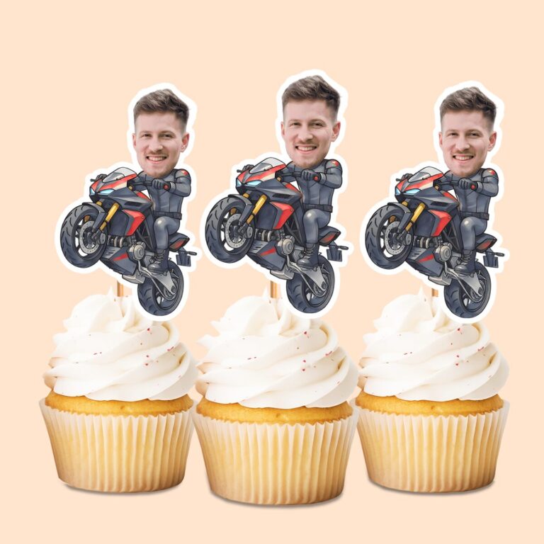 Custom Sport Motorcycle Stunt Rider Face Cutout – Cupcake Topper Custom Sport Motorcycle Stunt Rider Face Cutout shown on a cupcake topper mockup