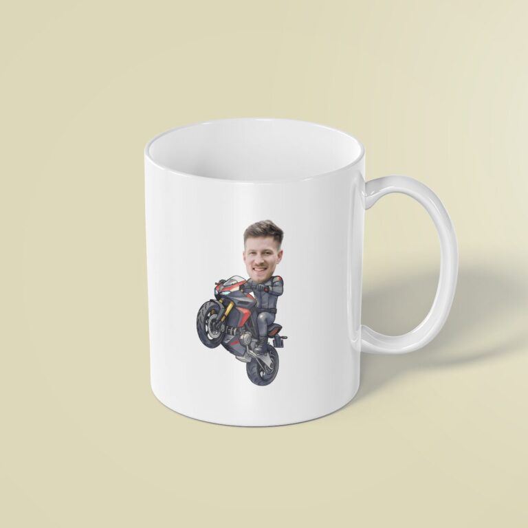 Custom Sport Motorcycle Stunt Rider Face Cutout – Mug Custom Sport Motorcycle Stunt Rider Face Cutout shown on a mug mockup