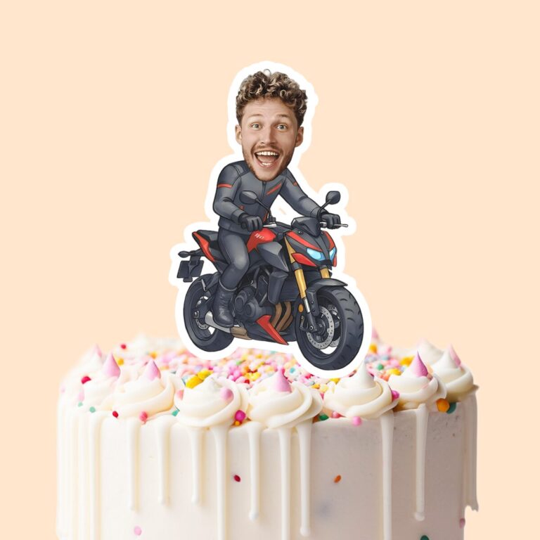 Custom Sport Motorcycle Rider Face Cutout – Cake Topper Custom Sport Motorcycle Rider Face Cutout shown on a cake topper mockup