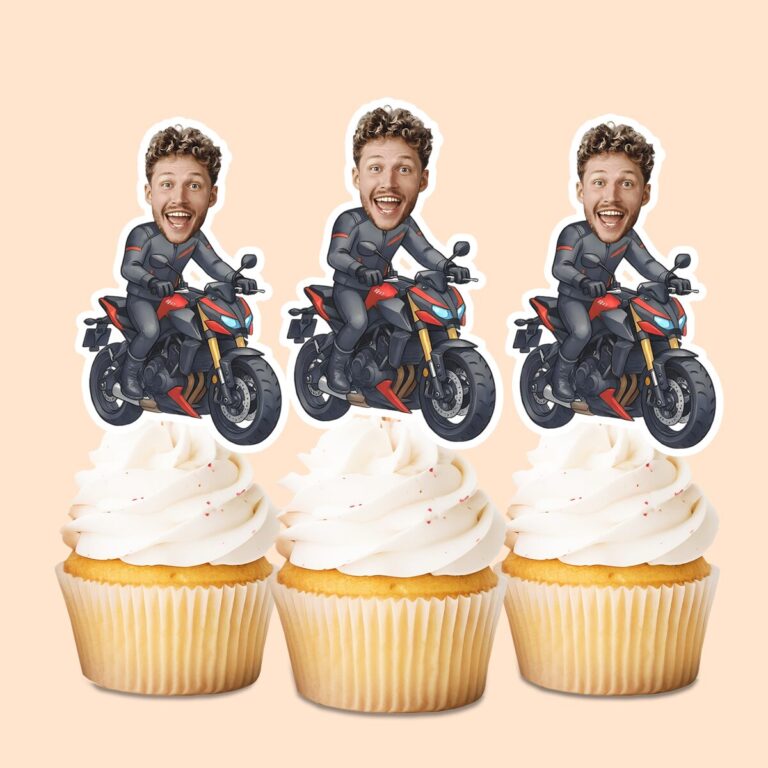 Custom Sport Motorcycle Rider Face Cutout – Cupcake Topper Custom Sport Motorcycle Rider Face Cutout shown on a cupcake topper mockup