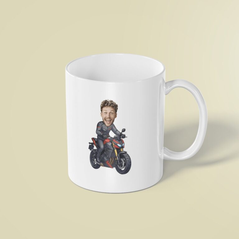 Custom Sport Motorcycle Rider Face Cutout – Mug Custom Sport Motorcycle Rider Face Cutout shown on a mug mockup