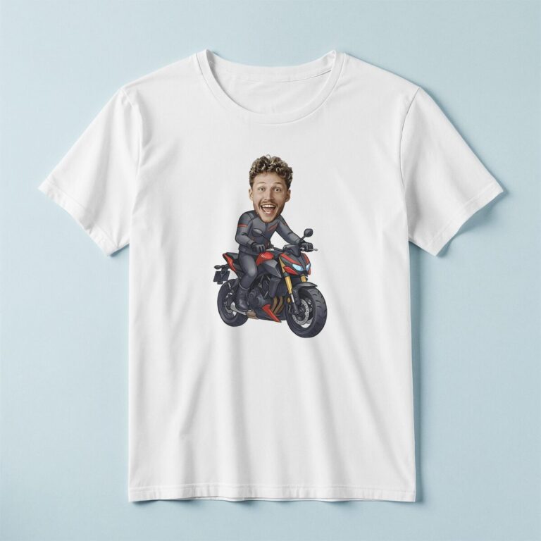 Custom Sport Motorcycle Rider Face Cutout – T-shirt Custom Sport Motorcycle Rider Face Cutout shown on a T-shirt mockup