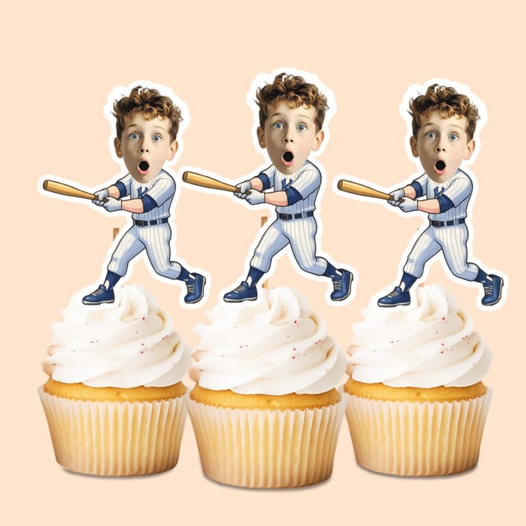 Custom Baseball Batter Making Contact Face Cutout – Cupcake Topper Custom Baseball Batter Making Contact Face Cutout shown on a cupcake topper mockup