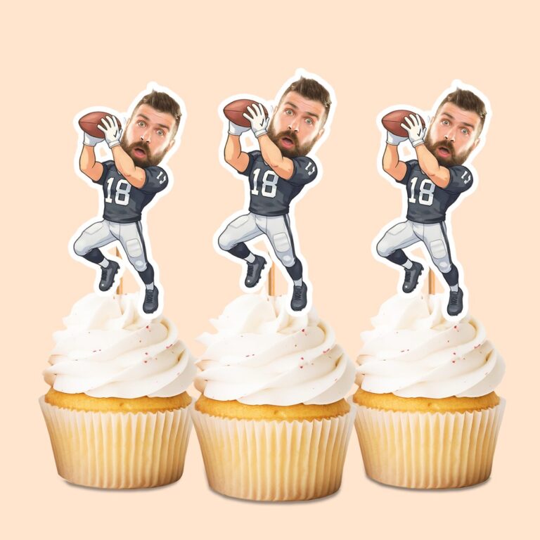 Custom Navy Number 18 Football Receiver Face Cutout – Cupcake Topper Custom Navy Number 18 Football Receiver Face Cutout shown on a cupcake topper mockup