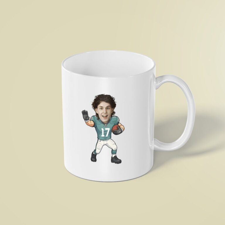 Custom Teal Number 17 Football Runner Face Cutout – Mug Custom Teal Number 17 Football Runner Face Cutout shown on a mug mockup