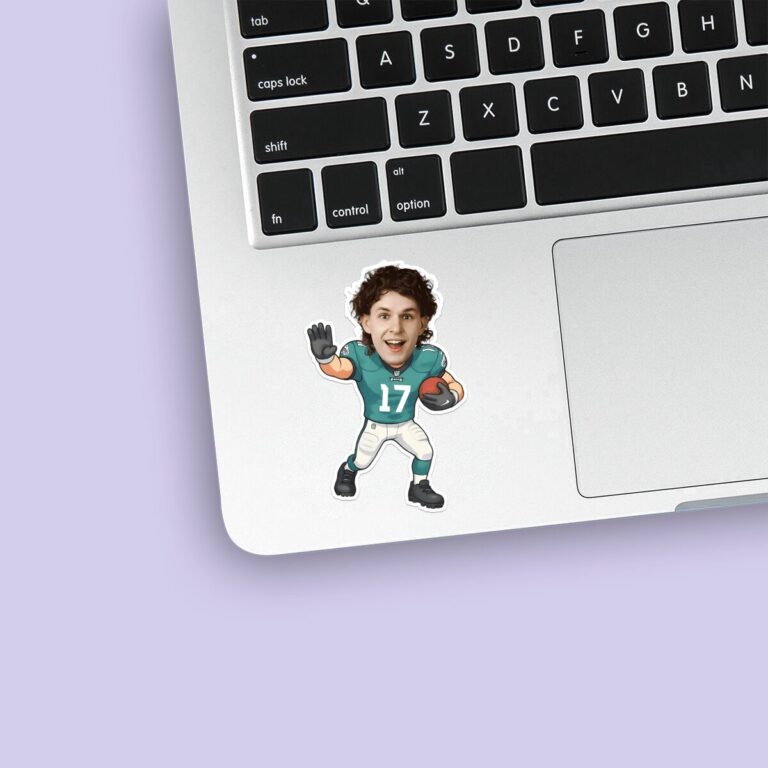Custom Teal Number 17 Football Runner Face Cutout – Sticker Custom Teal Number 17 Football Runner Face Cutout shown on a sticker mockup