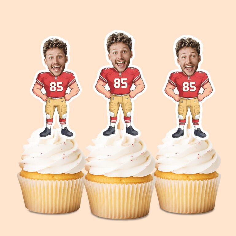 Custom Red Number 85 Football Player Face Cutout – Cupcake Topper Custom Red Number 85 Football Player Face Cutout shown on a cupcake topper mockup