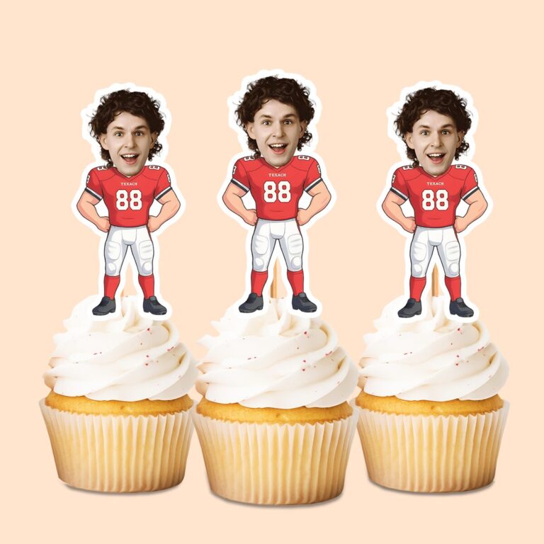 Custom Red Number 88 Football Player Face Cutout – Cupcake Topper Custom Red Number 88 Football Player Face Cutout shown on a cupcake topper mockup