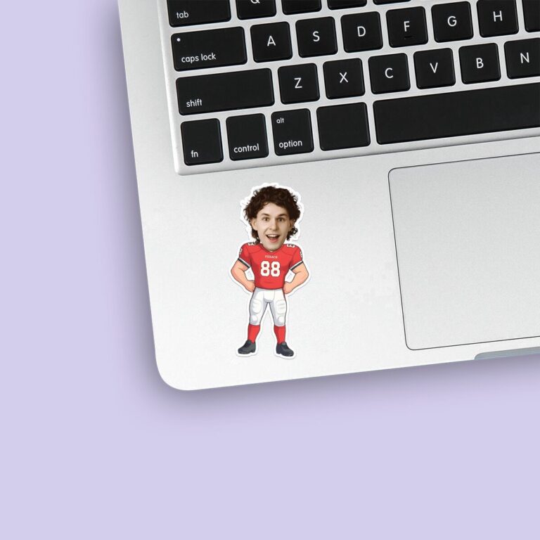Custom Red Number 88 Football Player Face Cutout – Sticker Custom Red Number 88 Football Player Face Cutout shown on a sticker mockup