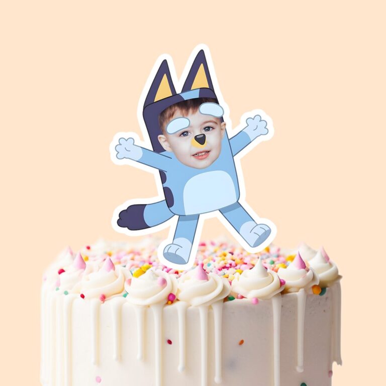 Custom Blue Cartoon Dog Costume Character Face Cutout – Cake Topper Custom Blue Cartoon Dog Costume Character Face Cutout shown on a cake topper mockup