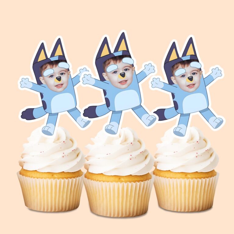 Custom Blue Cartoon Dog Costume Character Face Cutout – Cupcake Topper Custom Blue Cartoon Dog Costume Character Face Cutout shown on a cupcake topper mockup