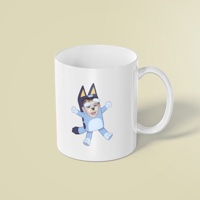 Custom Blue Cartoon Dog Costume Character Face Cutout – Mug Custom Blue Cartoon Dog Costume Character Face Cutout shown on a mug mockup