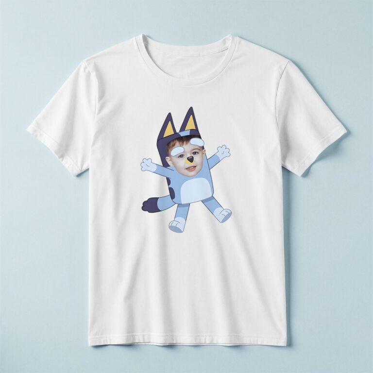 Custom Blue Cartoon Dog Costume Character Face Cutout – T-shirt Custom Blue Cartoon Dog Costume Character Face Cutout shown on a T-shirt mockup