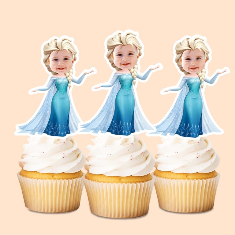 Custom Ice Queen in Blue Gown Face Cutout – Cupcake Topper Custom Ice Queen in Blue Gown Face Cutout shown on a cupcake topper mockup