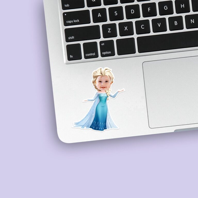 Custom Ice Queen in Blue Gown Face Cutout – Sticker Custom Ice Queen in Blue Gown Face Cutout shown on a sticker mockup