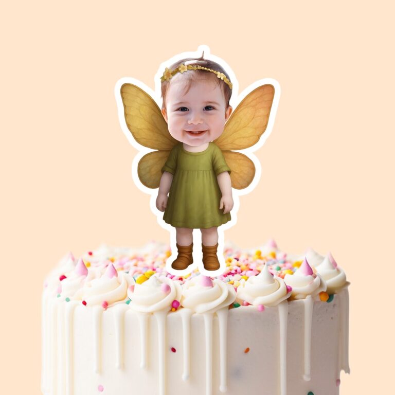 Custom Garden Fairy with Golden Wings Face Cutout – Cake Topper Custom Garden Fairy with Golden Wings Face Cutout shown on a cake topper mockup