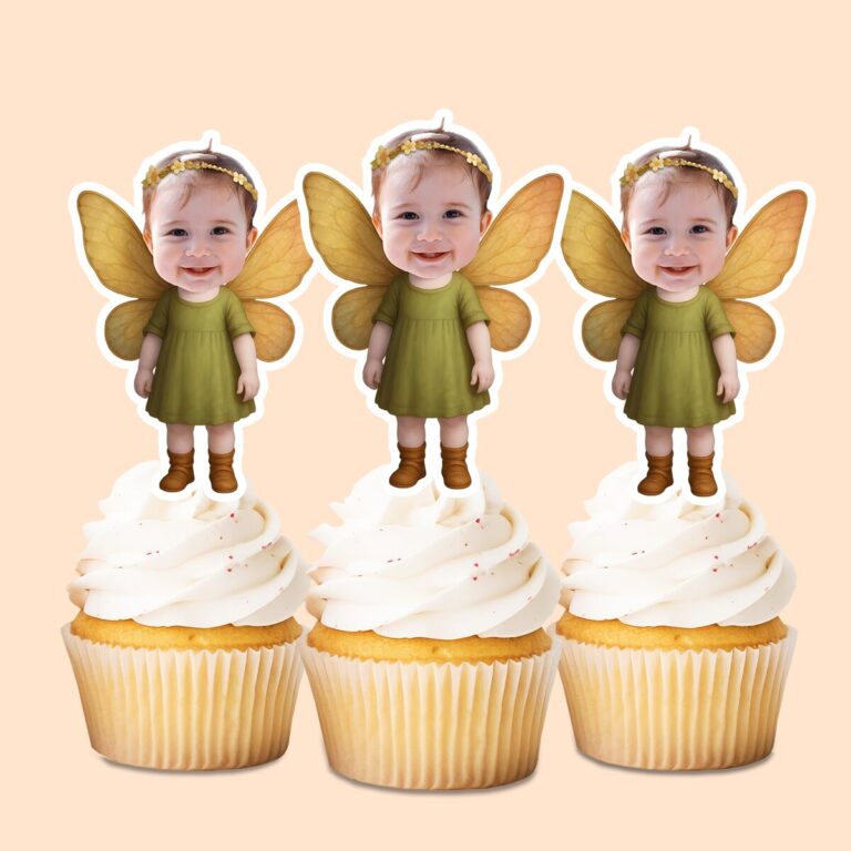 Custom Garden Fairy with Golden Wings Face Cutout – Cupcake Topper Custom Garden Fairy with Golden Wings Face Cutout shown on a cupcake topper mockup