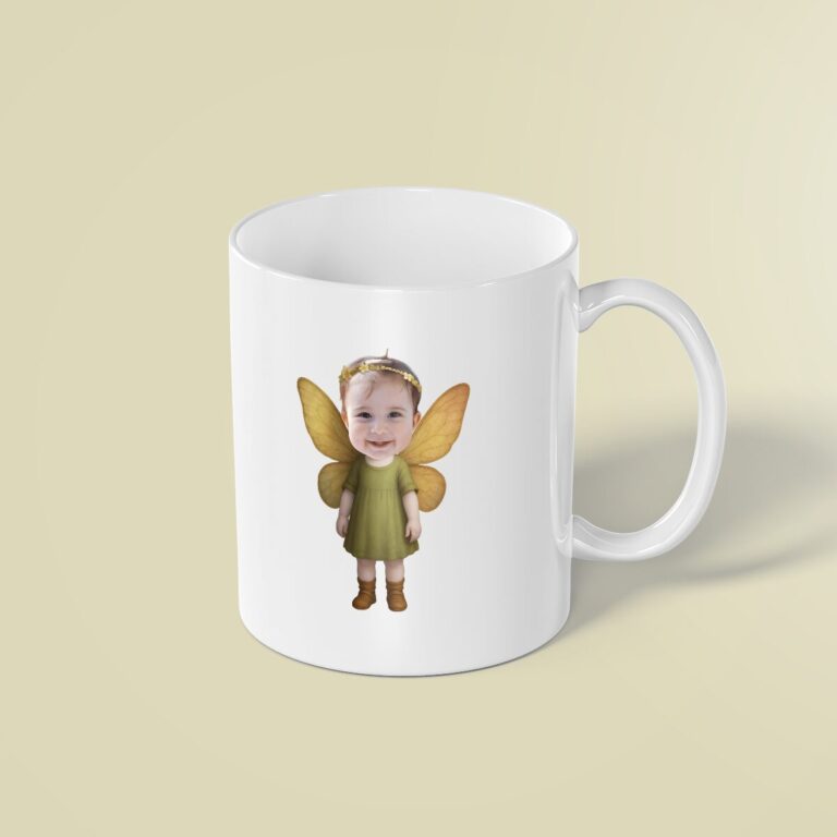 Custom Garden Fairy with Golden Wings Face Cutout – Mug Custom Garden Fairy with Golden Wings Face Cutout shown on a mug mockup