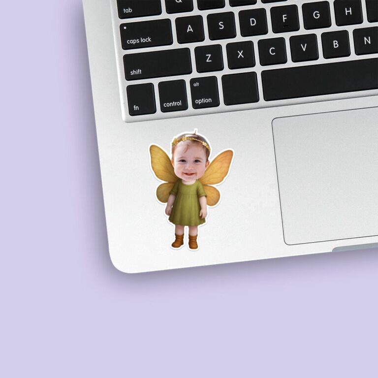 Custom Garden Fairy with Golden Wings Face Cutout – Sticker Custom Garden Fairy with Golden Wings Face Cutout shown on a sticker mockup