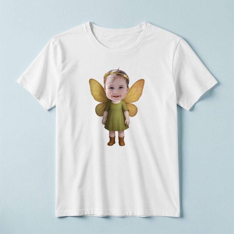 Custom Garden Fairy with Golden Wings Face Cutout – T-shirt Custom Garden Fairy with Golden Wings Face Cutout shown on a T-shirt mockup