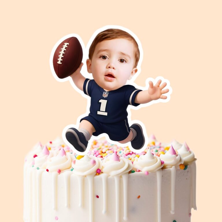 Custom Navy Number 1 Football Child Face Cutout – Cake Topper Custom Navy Number 1 Football Child Face Cutout shown on a cake topper mockup