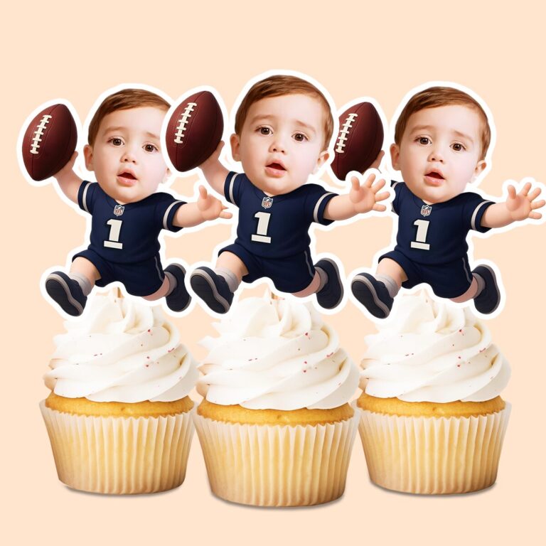 Custom Navy Number 1 Football Child Face Cutout – Cupcake Topper Custom Navy Number 1 Football Child Face Cutout shown on a cupcake topper mockup