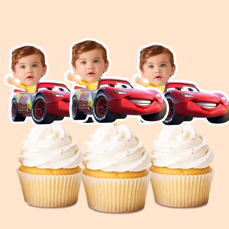 Custom Red Number 95 Race Car Rider Face Cutout – Cupcake Topper Custom Red Number 95 Race Car Rider Face Cutout shown on a cupcake topper mockup