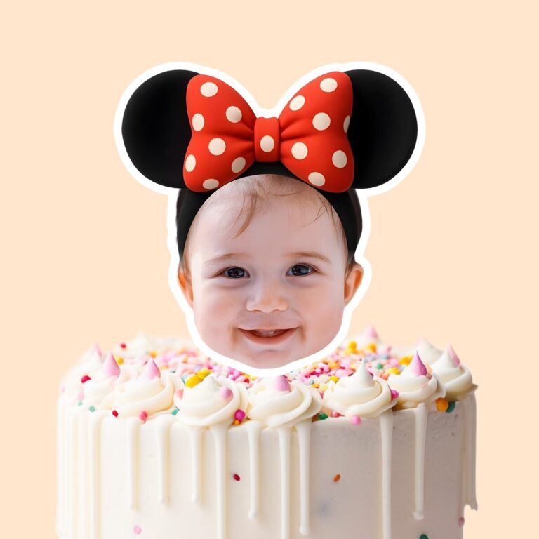 Custom Mouse-Ear Portrait with Polka-Dot Bow Face Cutout – Cake Topper Custom Mouse-Ear Portrait with Polka-Dot Bow Face Cutout shown on a cake topper mockup