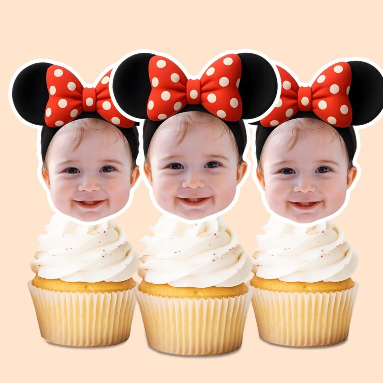 Custom Mouse-Ear Portrait with Polka-Dot Bow Face Cutout – Cupcake Topper Custom Mouse-Ear Portrait with Polka-Dot Bow Face Cutout shown on a cupcake topper mockup