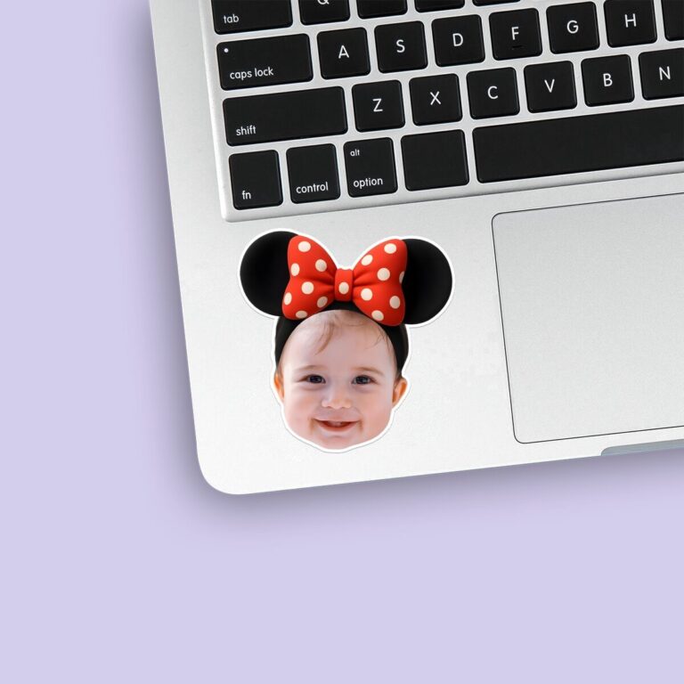 Custom Mouse-Ear Portrait with Polka-Dot Bow Face Cutout – Sticker Custom Mouse-Ear Portrait with Polka-Dot Bow Face Cutout shown on a sticker mockup