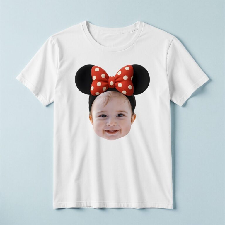 Custom Mouse-Ear Portrait with Polka-Dot Bow Face Cutout – T-shirt Custom Mouse-Ear Portrait with Polka-Dot Bow Face Cutout shown on a T-shirt mockup