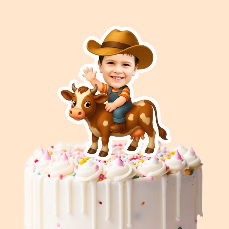 Custom Cowboy Riding a Cow Face Cutout – Cake Topper Custom Cowboy Riding a Cow Face Cutout shown on a cake topper mockup