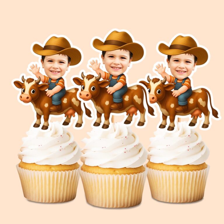 Custom Cowboy Riding a Cow Face Cutout – Cupcake Topper Custom Cowboy Riding a Cow Face Cutout shown on a cupcake topper mockup