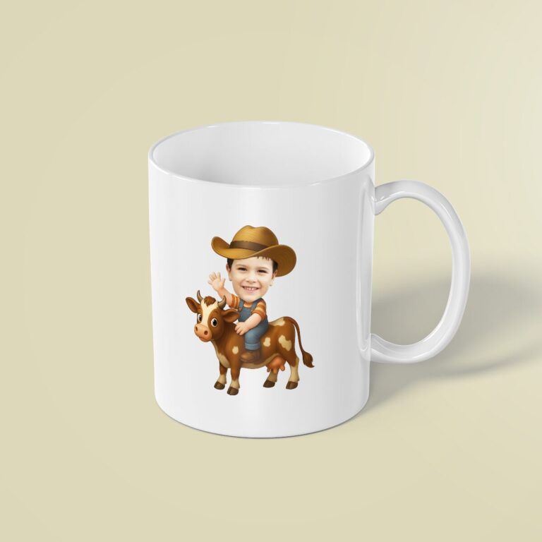 Custom Cowboy Riding a Cow Face Cutout – Mug Custom Cowboy Riding a Cow Face Cutout shown on a mug mockup