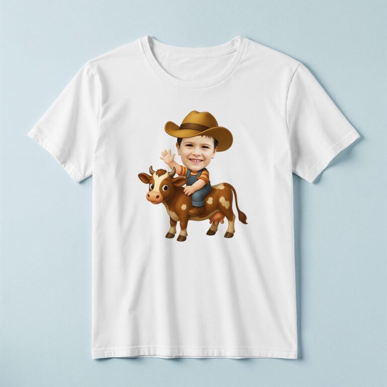 Custom Cowboy Riding a Cow Face Cutout – T-shirt Custom Cowboy Riding a Cow Face Cutout shown on a T-shirt mockup