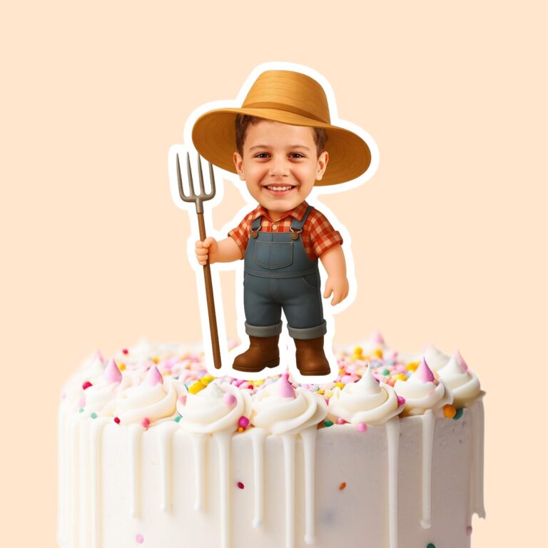 Custom Farmer Holding Red Plaid Shirt Face Cutout – Cake Topper Custom Farmer Holding Red Plaid Shirt Face Cutout shown on a cake topper mockup