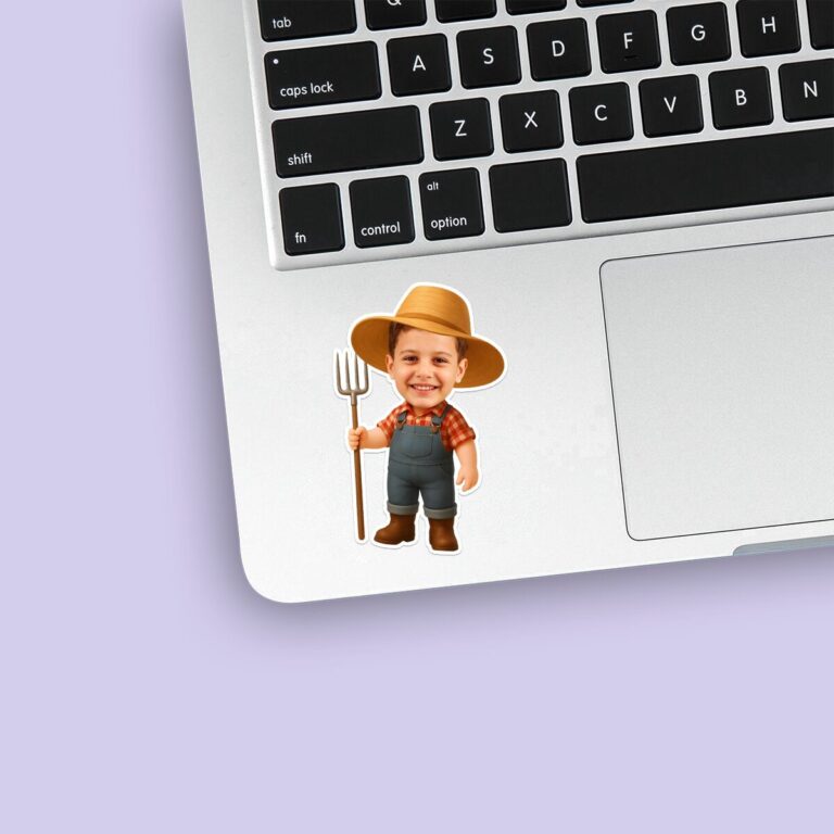 Custom Farmer Holding Red Plaid Shirt Face Cutout – Sticker Custom Farmer Holding Red Plaid Shirt Face Cutout shown on a sticker mockup
