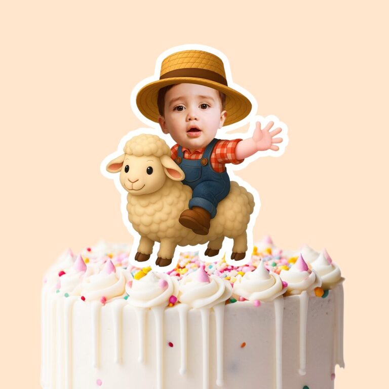 Custom Farmer Riding a Sheep Red Plaid Shirt Face Cutout – Cake Topper Custom Farmer Riding a Sheep Red Plaid Shirt Face Cutout shown on a cake topper mockup